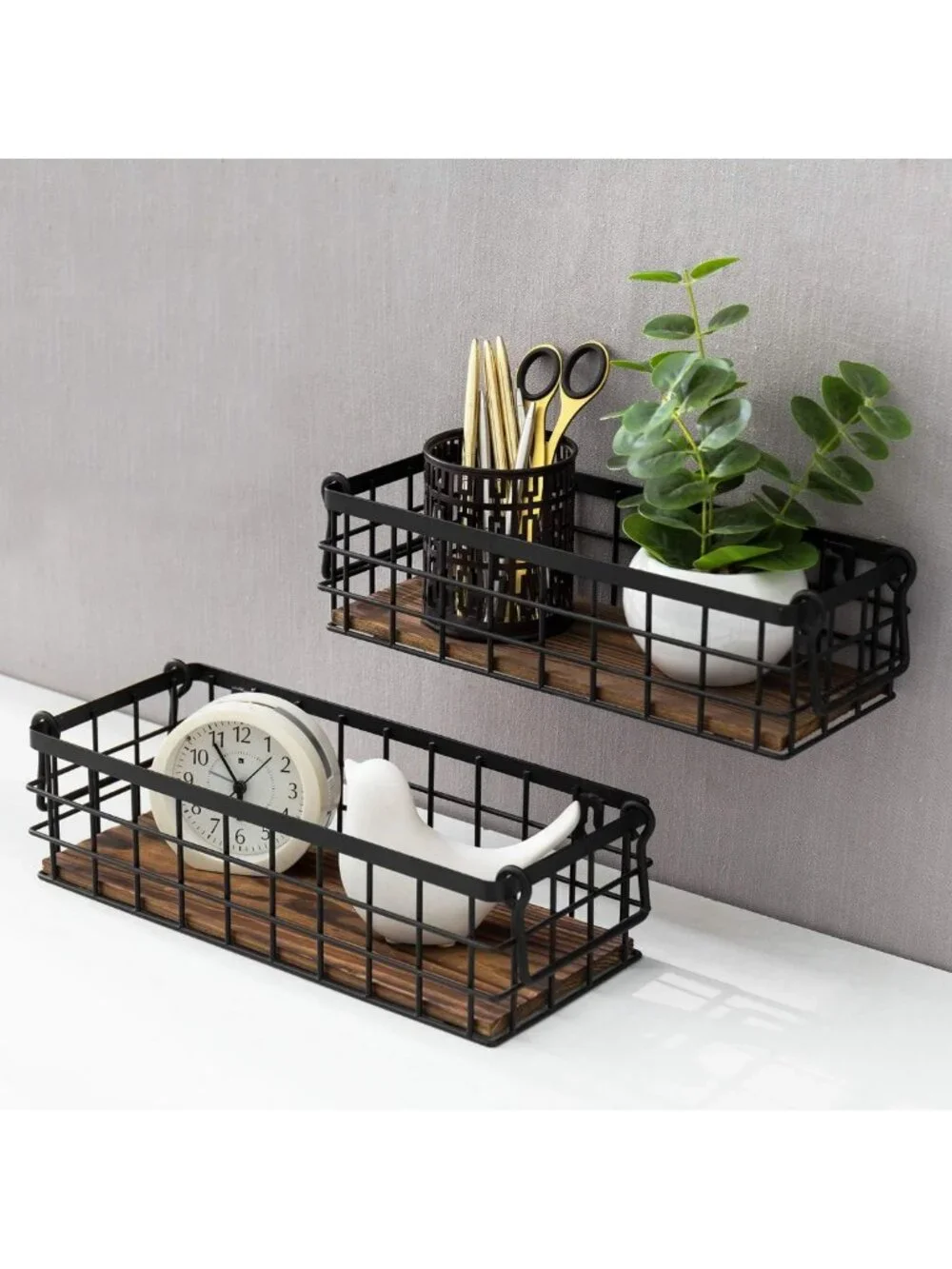 Set of 2 Black Wire Storage Baskets for Organizing Shelves & Pantry Decor